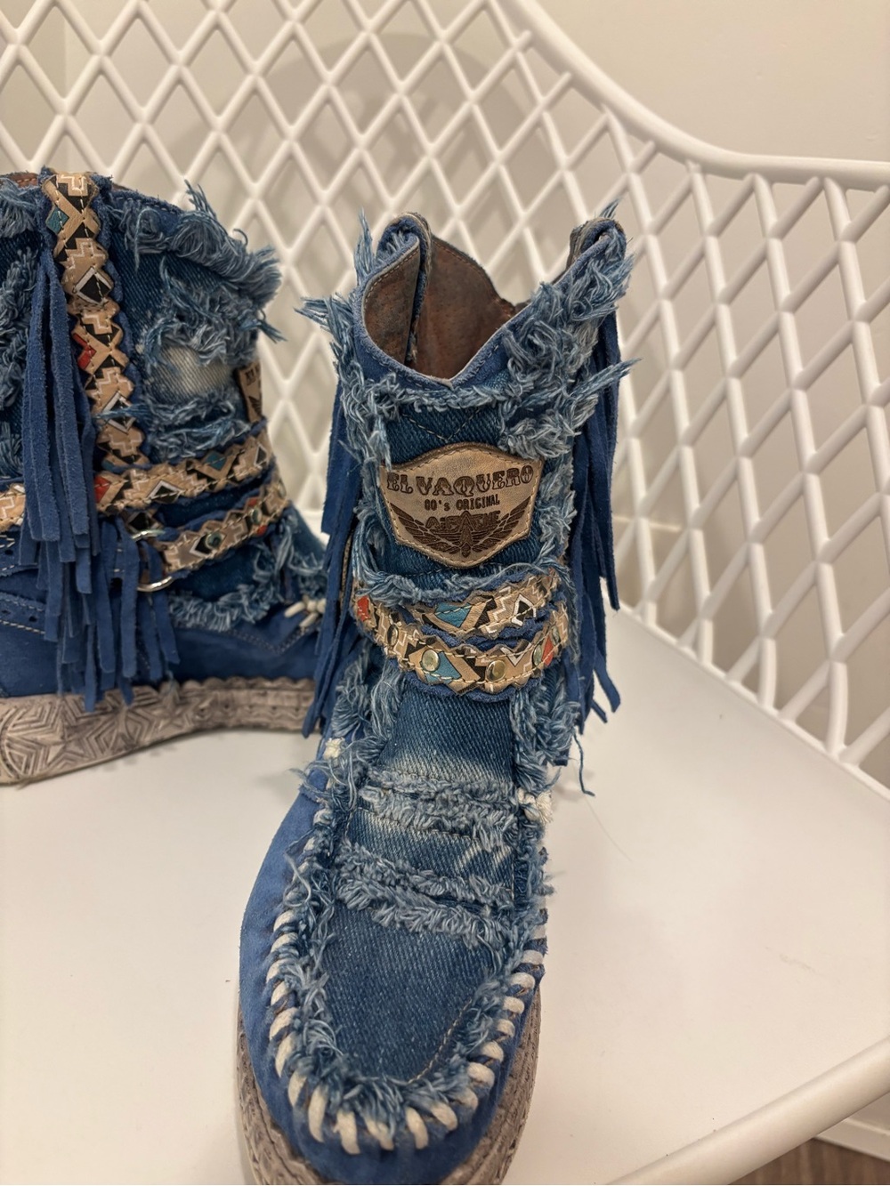 El vaquero Blue Fringe Suede Women's Boots - Boho Tassel Ankle Boot - Picture 3 of 5